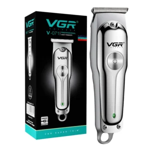 Silver VGR cordless hair clipper with three guide combs, a professional grooming tool for men with a 1-year India warranty.