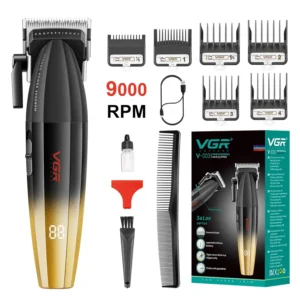 This professional VGR hair clipper kit features an LED display, adjustable speeds, multiple comb guards, and a long-lasting rechargeable battery for cordless use.
