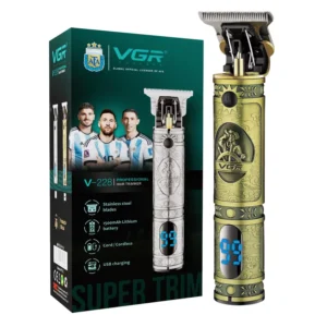 This is a VGR professional hair clipper with an LED display, offering a runtime of 180 minutes and includes cutting guides for achieving trims up to 3mm.