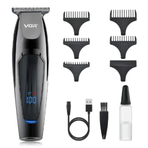 VGR hair clippers for men with a close-cutting T blade and multiple guide combs for professional beard trimming and haircuts.