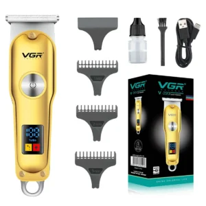Golden VGR cordless hair clippers with digital display for professional hair grooming and beard trimming.