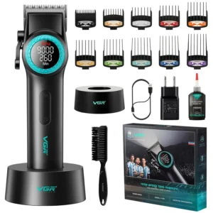 VGR professional cordless hair clippers featuring a carbon steel blade, LED display, multiple limit combs, and a charging base, suitable for barbers and home use.