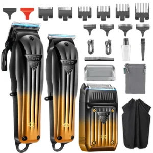 This men's grooming kit includes cordless hair clippers, a beard trimmer, and an electric razor with LED display and multiple guide combs for versatile haircuts and shaving.