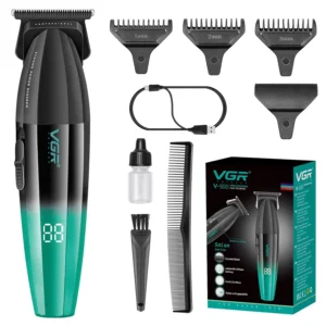 This cordless VGR hair trimmer features a DLC T-blade for zero gapped cuts, 9000rpm motor, USB rechargeable battery, and comes with guide combs for versatile grooming.