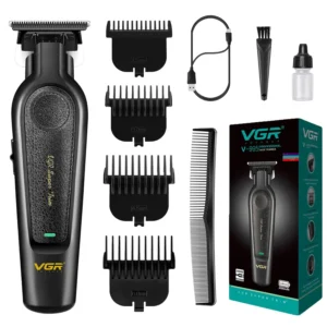 This cordless VGR hair trimmer features a zero gap blade for precise outlining, two speed settings, USB-C charging, and includes four comb attachments for versatile styling.