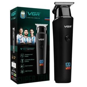 This VGR professional hair trimmer features fine-cutting teeth for close cuts, three guide combs, USB Type-C charging, an LED display, and an easy on/off switch.