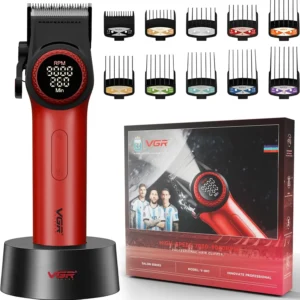 The VGR professional hair clipper features a high-speed 9000 RPM motor, DLC-coated ceramic blade, smart LED display, taper lever, and provides 300 minutes of cordless runtime for salon-quality haircuts.