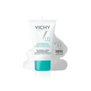 This is a tube of Vichy 7 Day Antiperspirant Deodorant Cream for sensitive skin, providing clinically tested, long-lasting odor protection without parabens or alcohol.