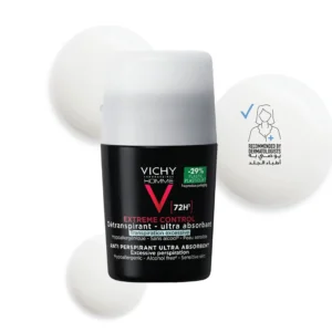 Vichy Homme 72-hour roll-on deodorant with ultra absorbent minerals offers non-stick, non-irritating, optimal tolerance and comfortable skin for men.