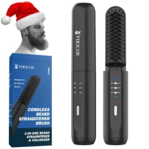 The VIKICON cordless beard straightener brush smooths and tames beards and hair with anti-scald technology, offering a portable grooming solution for men.