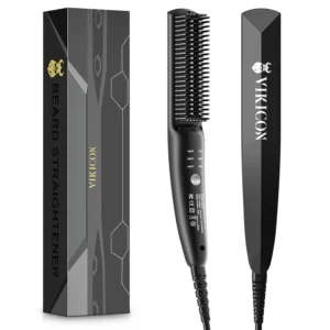 The Vikicon beard straightener is a mini electric brush that quickly heats up in 30 seconds to style and straighten both long and short beards with ionic technology.