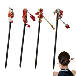 This 4-piece set features vintage-style Chinese wooden hairpins with red accents and floral details, perfect for creating elegant Geisha-inspired hairstyles.