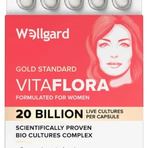 Wellgard Vitaflora is a probiotic supplement formulated for women's intimate health, containing clinically proven bio cultures to help balance flora with 20 billion CFU per capsule.