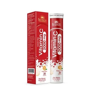 Image of Sunshine Nutrition Vitamin C 2000mg orange flavored effervescent tablets, a sugar-free way to support your immune system.