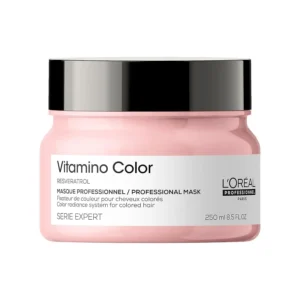 L'Oréal Professionnel Vitamino Color Mask protects color-treated hair, enhances shine, and prevents damage with resveratrol.