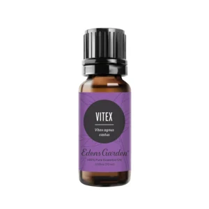 A bottle of Edens Garden Vitex essential oil, used to ease PMS symptoms and promote relaxation, sits on a white background.