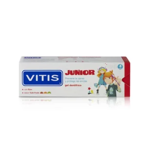 Vitis Junior Dental Gel for children aged 6-12, formulated with fluoride and xylitol to protect against cavities, freshen breath and care for gums during permanent teeth eruption.