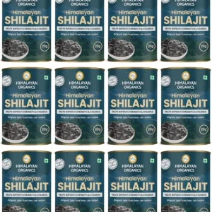 Twelve containers of Vlado's Himalayan Organics Shilajit Resin supplements for enhanced wellness.