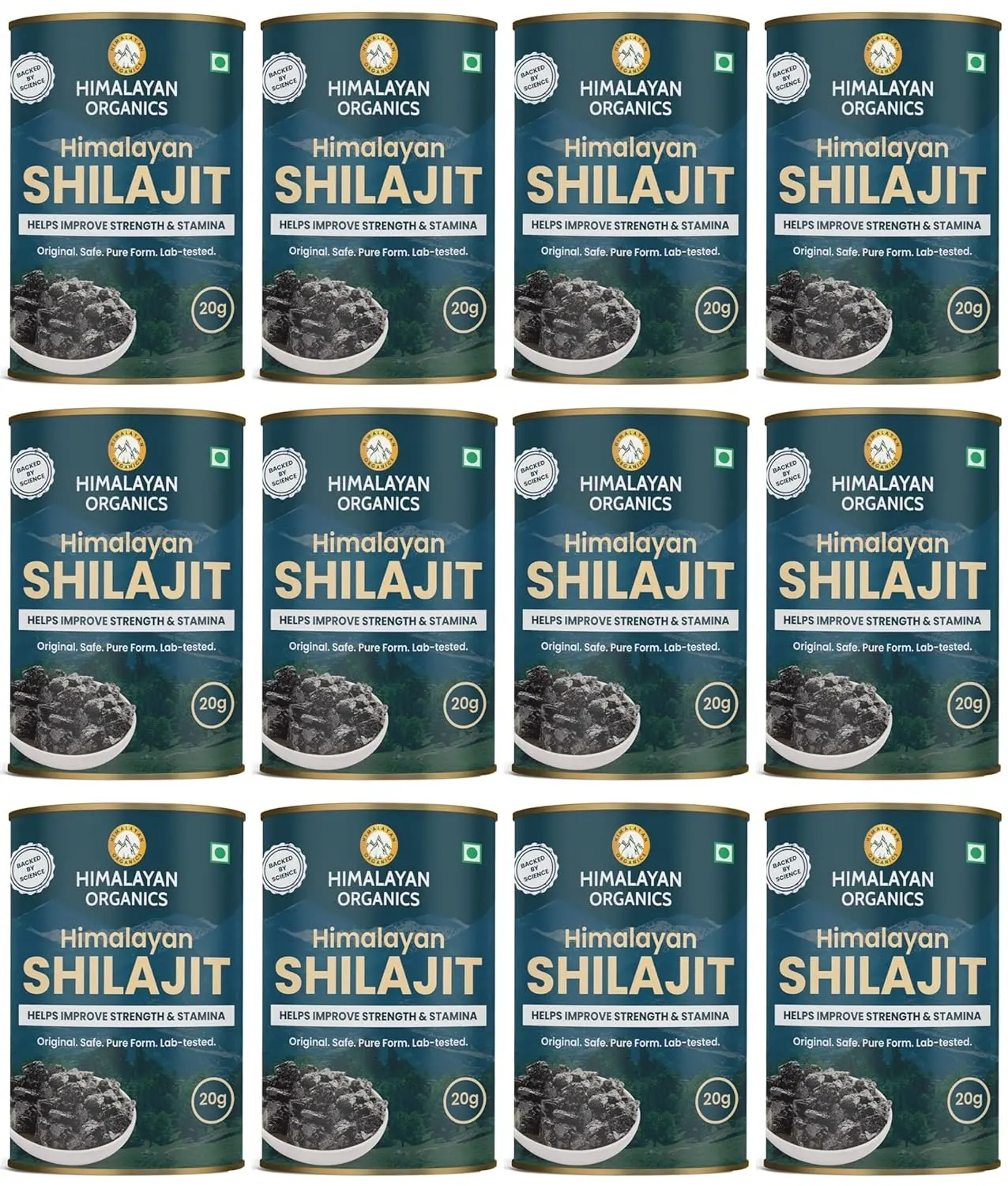 Twelve containers of Vlado's Himalayan Organics Shilajit Resin supplements for enhanced wellness.