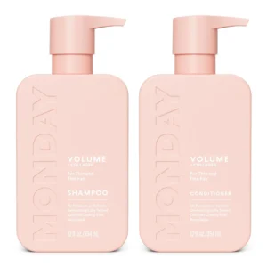 MONDAY HAIRCARE volume shampoo and conditioner set for thin, fine, and oily hair, featuring coconut oil, ginger extract, and vitamin E in pink, 100% recyclable bottles.