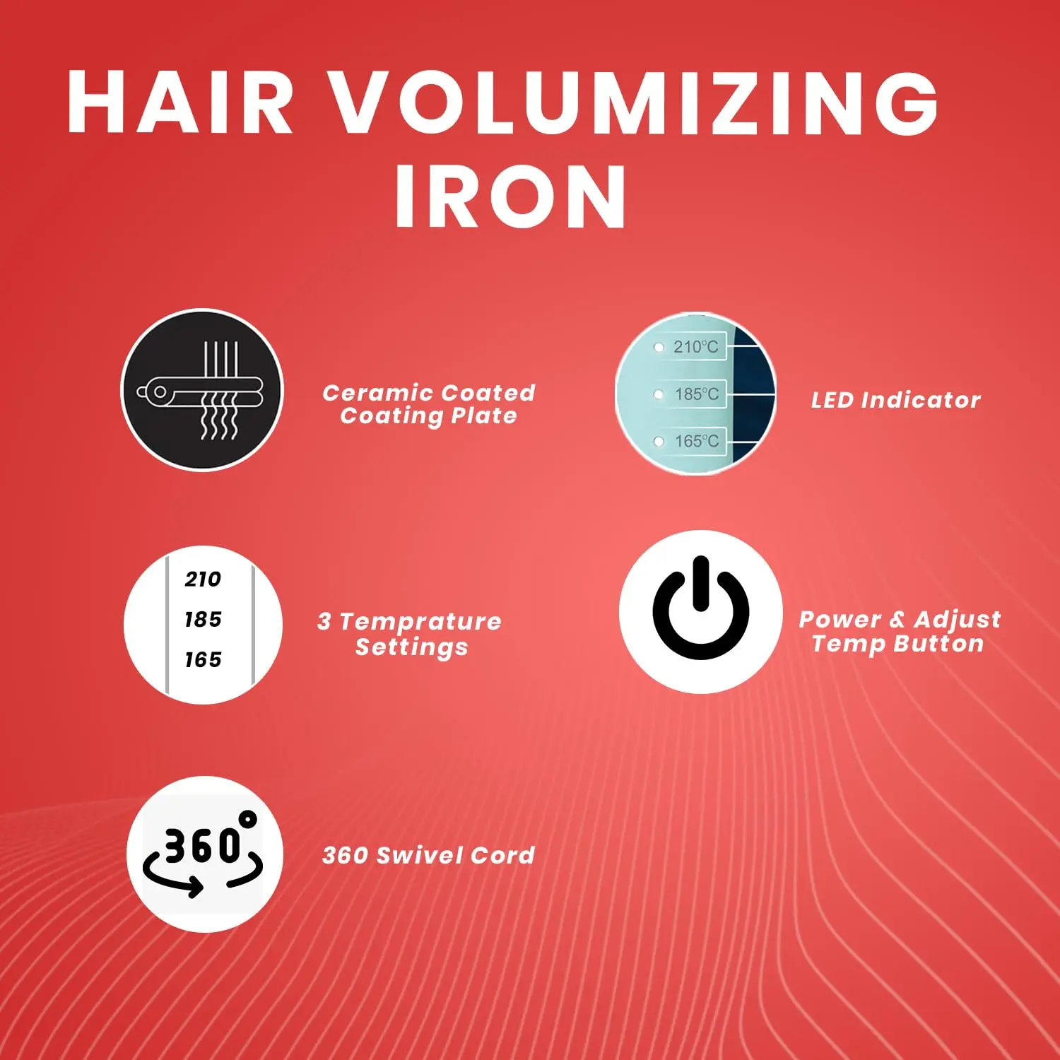 Green volumizing hair iron with ceramic coated plates and LED temperature indicator, featuring auto shut-off and a 360-degree swivel cord for easy styling.