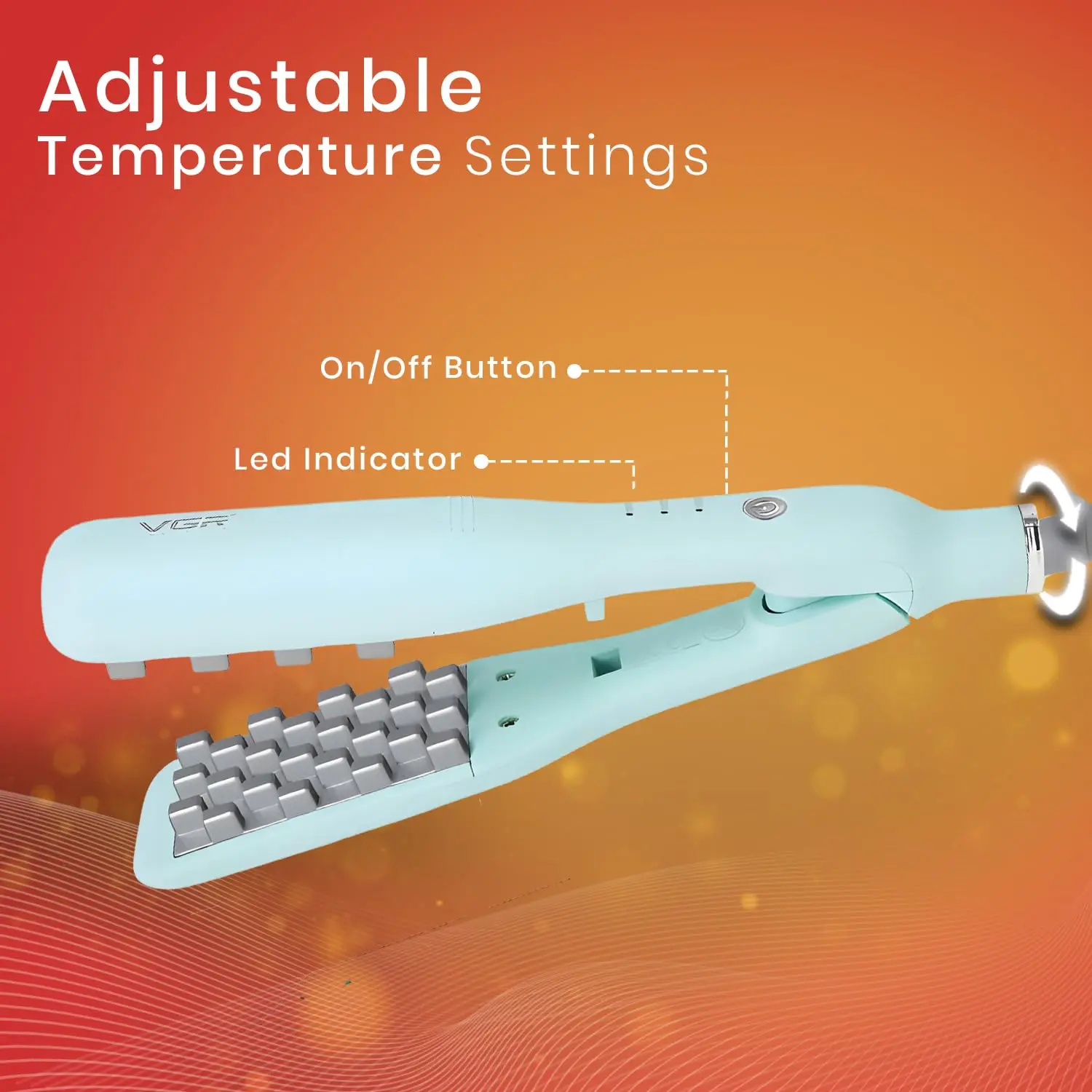 Green volumizing hair iron with ceramic coated plates and LED temperature indicator, featuring auto shut-off and a 360-degree swivel cord for easy styling.