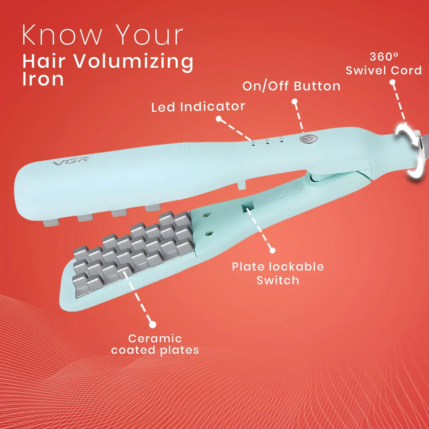 Green volumizing hair iron with ceramic coated plates and LED temperature indicator, featuring auto shut-off and a 360-degree swivel cord for easy styling.