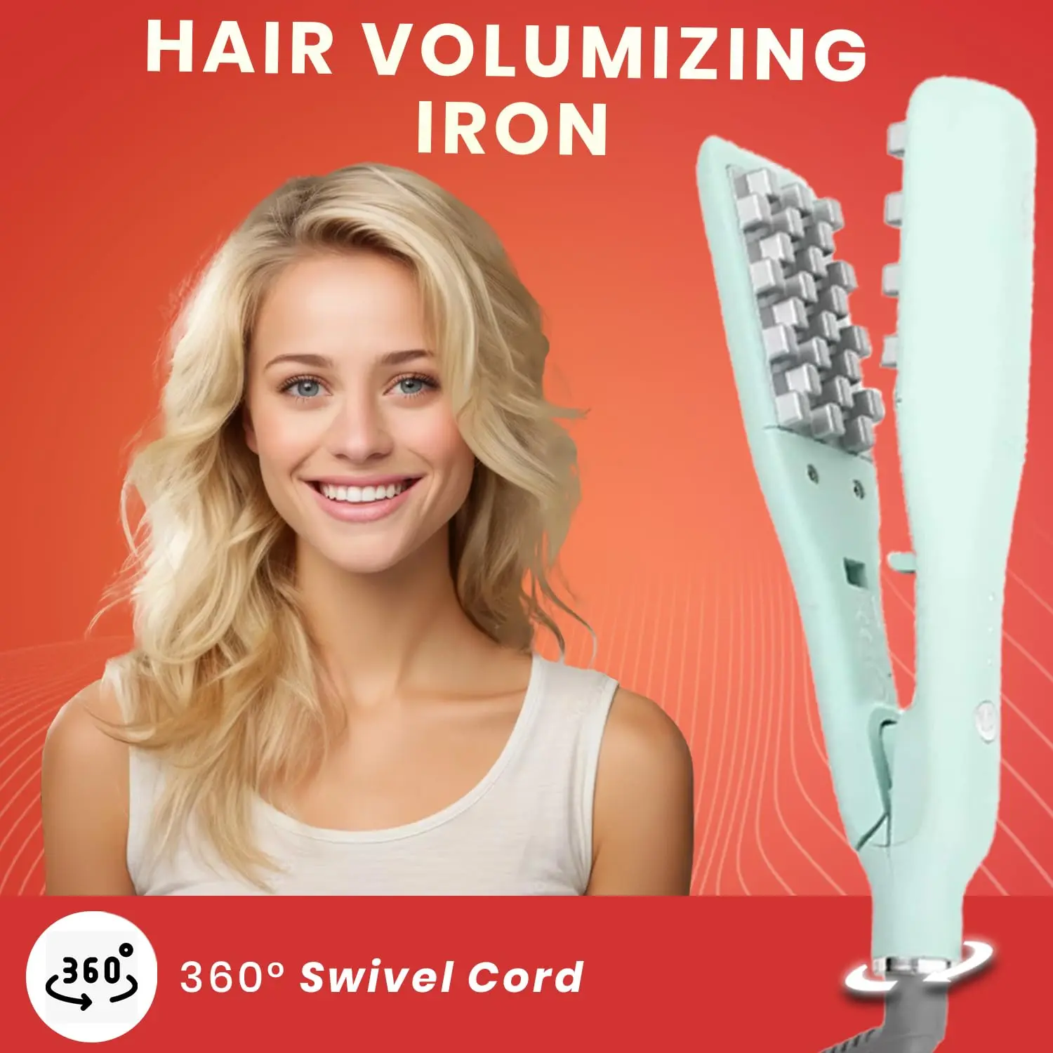 Green volumizing hair iron with ceramic coated plates and LED temperature indicator, featuring auto shut-off and a 360-degree swivel cord for easy styling.