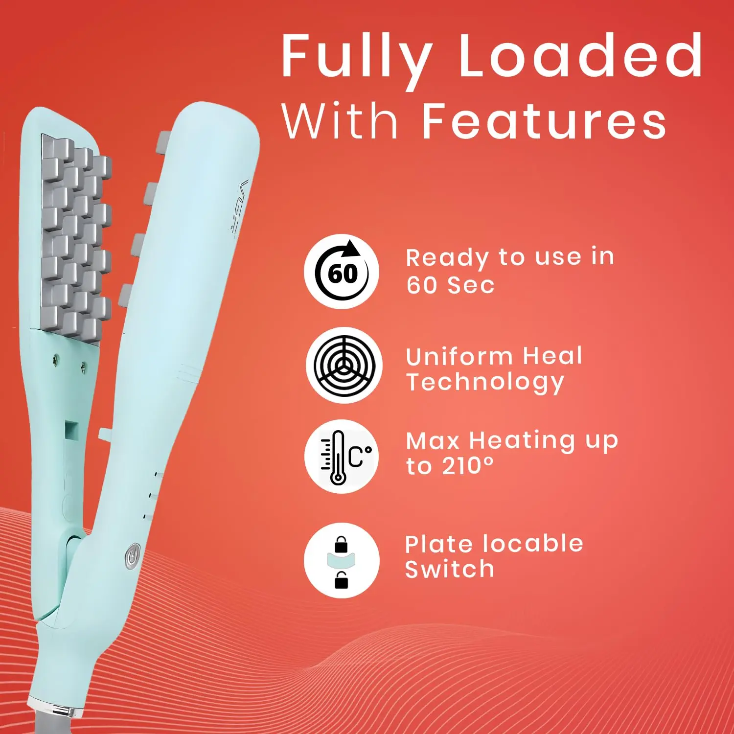 Green volumizing hair iron with ceramic coated plates and LED temperature indicator, featuring auto shut-off and a 360-degree swivel cord for easy styling.