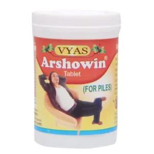 Bottle of 100 Vyas Arshowin Ayurvedic tablets for hemorrhoid relief.