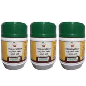 Three packs of Vaidyaratnam Vyoshadi Vatakam 50gm with a free Pachak Methi gift are displayed.