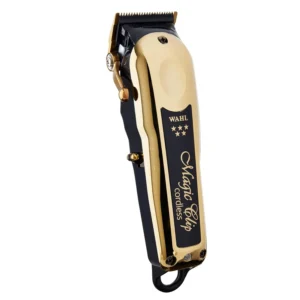 The Wahl Professional 5 Star Gold Cordless Magic Clip is a high-performance hair clipper with a durable metal taper lever and over 100 minutes of runtime, proudly made in the USA.