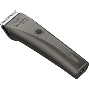 The WAHL Bravura Lithium Ion Clipper kit in gunmetal, designed for professional-grade pet grooming of dogs and cats, includes the clipper, 5-in-1 blade, guide combs, and accessories.