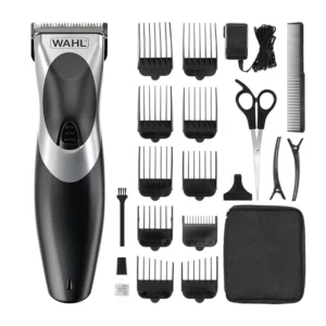 Wahl Clip 'N Rinse hair clipper offers cordless or corded use with self-sharpening blades and ten attachment combs for achieving varied cutting lengths at home.