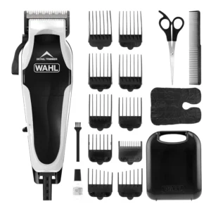 This corded Wahl hair clipper and integrated trimmer features a PowerDrive motor, adjustable taper lever, and precision blades for cutting, shaping, and defining men's hairstyles.