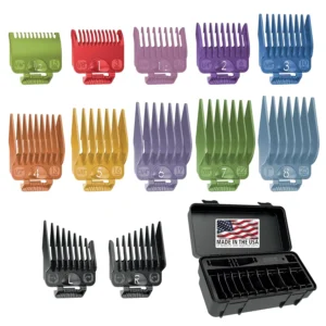 This 14-piece Wahl clipper guard organizer kit includes color-coded premium guide combs from 1/16" to 1", left and right ear tapers, and a convenient storage case for Wahl hair clippers.