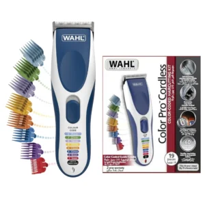 WAHL Color Pro cordless hair clipper kit with color-coded guide combs for easy and precise haircuts, featuring a rechargeable design and self-sharpening blades.