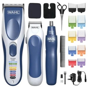 Wahl Colour Pro cordless hair clipper kit with colour-coded combs, mini trimmer and nose trimmer for easy family haircuts and grooming.