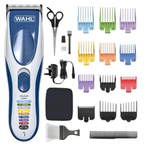 The Wahl Colour Pro cordless hair clipper kit includes color-coded combs for easy home haircuts and comes with a neck duster brush.