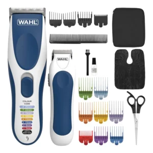 Wahl Colour Pro cordless hair clipper and mini trimmer kit for men with colour-coded combs for easy hair styling and grooming.