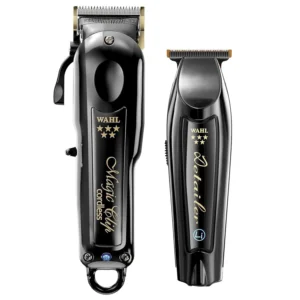 The Wahl Professional Cordless Barber Combo includes the 5 Star Black Cordless Magic Clip with a high-precision blending blade and the 5 Star Black Cordless Detailer Li with an adjustable T-Wide blade, both featuring new titanium and DLC coatings for cooler, stronger, and corrosion-resistant performance.