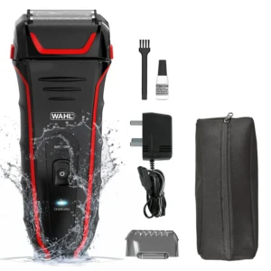 This is a WAHL rechargeable electric shaver for men, featuring flexible foils, a pop-up trimmer, and a travel lock, suitable for wet and dry use.
