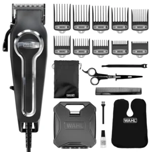 The WAHL Elite Pro hair clipper kit features self-sharpening precision blades, secure-fit guide combs, and a powerful motor for effortless, professional-style haircuts.