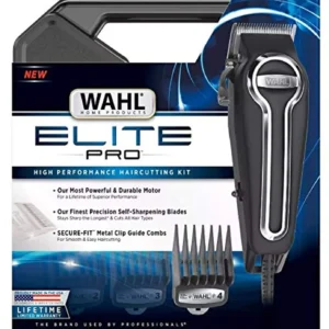 This WAHL Elite Pro haircut kit features high-performance hair clippers and secure-fit guide combs, perfect for achieving professional-quality haircuts at home.