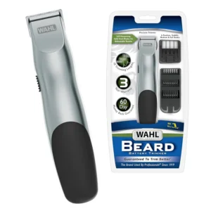 The Wahl Groomsman battery-operated beard trimmer provides a precise trim with multiple cutting lengths and included accessories for achieving various beard styles.