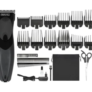 WAHL cordless hair and beard trimmer kit with 12 comb attachments, foil shaver, and detailer for versatile grooming.
