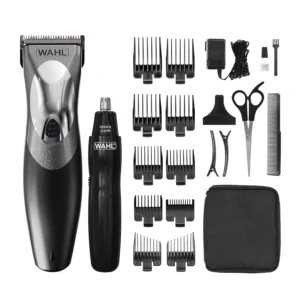 This Wahl hair clipper set for men includes cordless clippers with a washable head, stainless steel blades, ten comb attachments, and a personal trimmer for removing unwanted ear and nose hair.