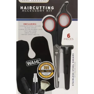 This six-piece Wahl haircutting kit includes a cape, stainless steel shears, neck brush, spray bottle, and styling comb for professional hair cutting at home.
