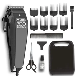 The Wahl Home Pro 300 Series hair clipper kit features self-sharpening precision blades, eight comb attachments, and an ergonomic design for easy, professional-style haircuts at home.