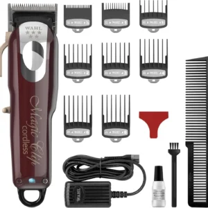 The Wahl Magic Clip cordless hair clipper features a stagger-tooth blade for seamless blending and a powerful motor for fast, precise cuts, perfect for fades, tapers, and creating texture.